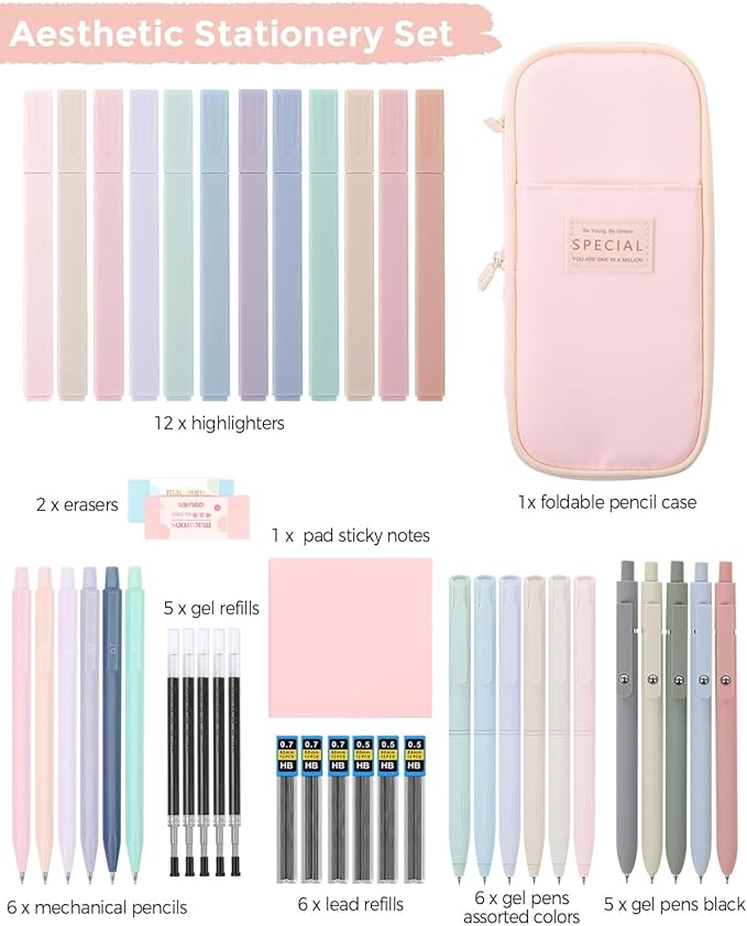 SKYDUE Cute School Supplies 44 PCS, Aesthetic Pencil Case with 12 Pastel Highlighters, 5 Black Gel Pens, 6 Color Gel Pens & Mechanical Pencils, College Essentials Students Stationary Set Pink-DeskoryOffice