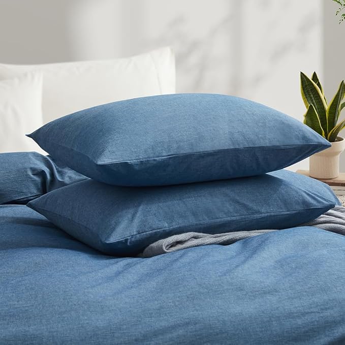 Blue Duvet Cover Full Size, 100% Washed Cotton Linen Like Bedding Set - Image 3