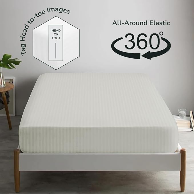 Feather & Stitch 1 Piece Fitted Sheet Full Size, 100% Cotton Damask Sateen Weave - Image 4