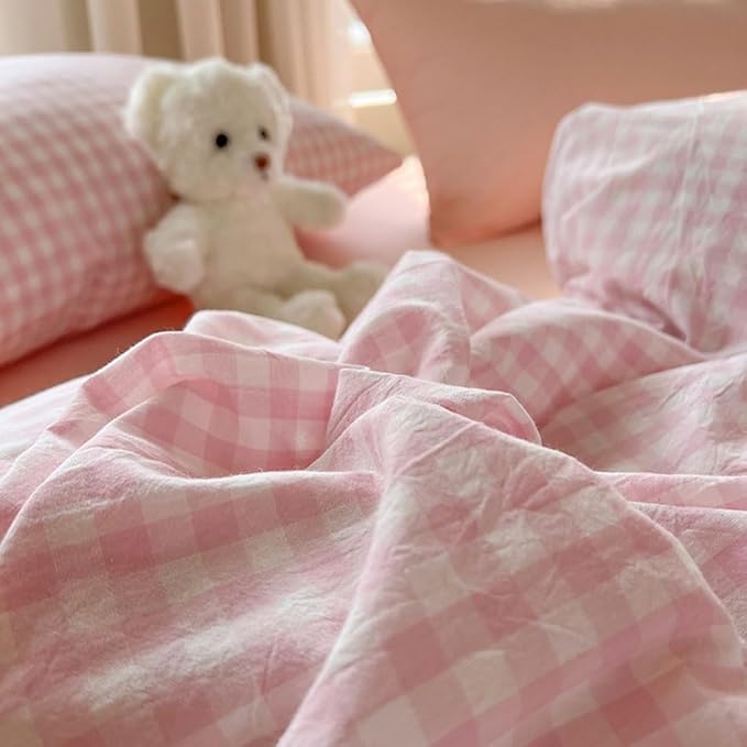 Nayoroom Gingham Duvet Cover Oversized King Pink White Plaid Checkered - Image 6