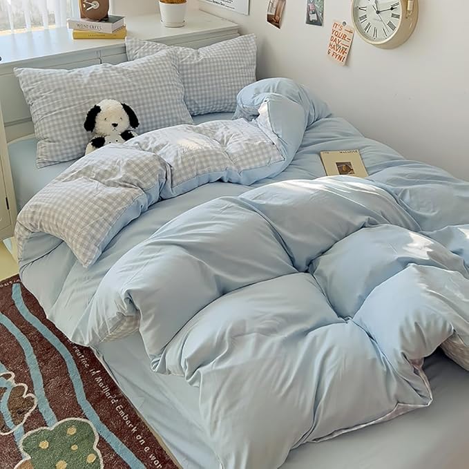 Nayoroom Blue Gingham Duvet Cover Twin Size Reversible Plaid Checkered Duvet - Image 5