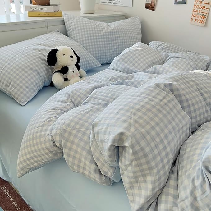 Nayoroom Blue Gingham Duvet Cover Twin Size Reversible Plaid Checkered Duvet - Image 2