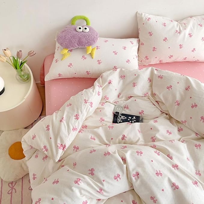 Nayoroom Pink Bow Duvet Cover Twin Size Heart Bows Printed Coquette Bedding Set - Image 2