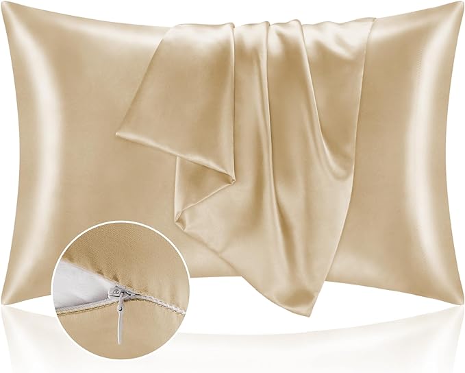BEDELITE Satin Pillowcase with Zipper, Champagne King Size Pillow Cases Set of 2 by BEDELITE