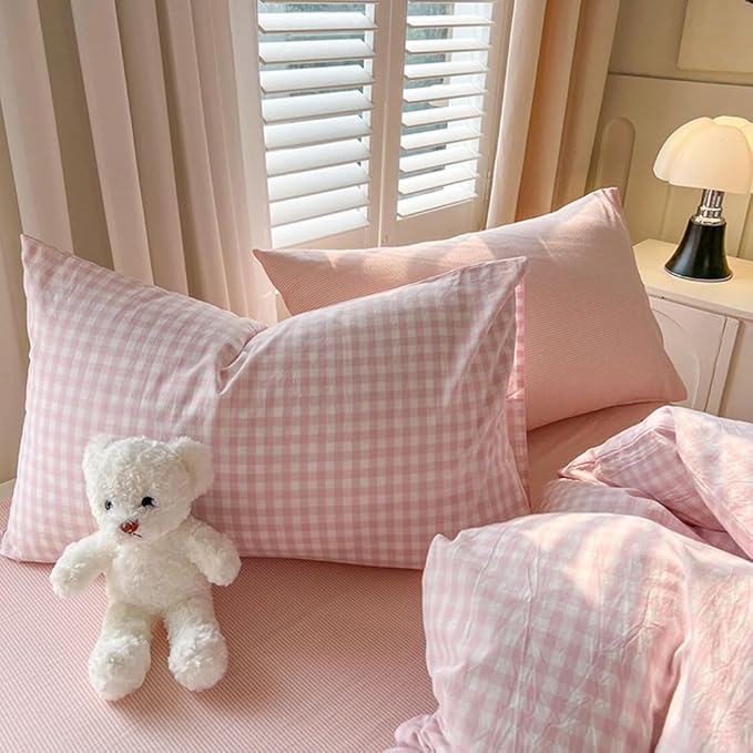 Nayoroom Gingham Duvet Cover Twin Size Pink White Plaid Checkered Comforter - Image 7