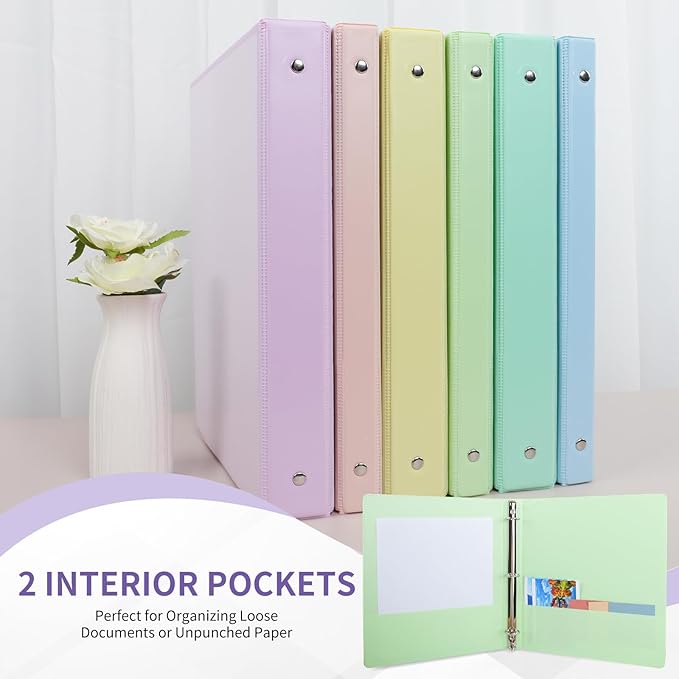 0.5 inch 3-Ring Binder, 1/2 inch Round Ring Binder with 2 Inside Pockets, Clear View Cover Binders Holds 8.5'' x 11''Paper，Pastel Color Binders for Office/Home/School Supply, 6 Pack-DeskoryOffice