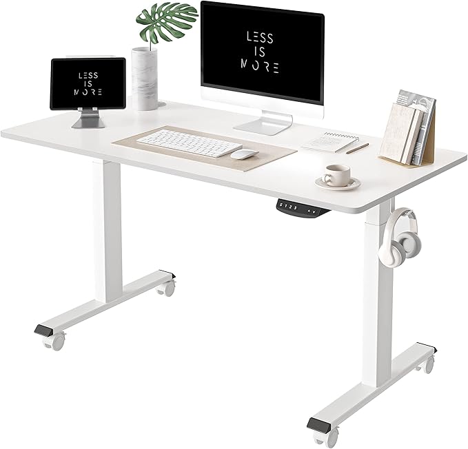 FEZIBO One-Piece Standing Desk Adjustable Height Stand up Home Office Desk, 48x24 Inch Electric Standing Computer Desk, with 4 Memory Presets, Fixable casters, White-DeskoryOffice