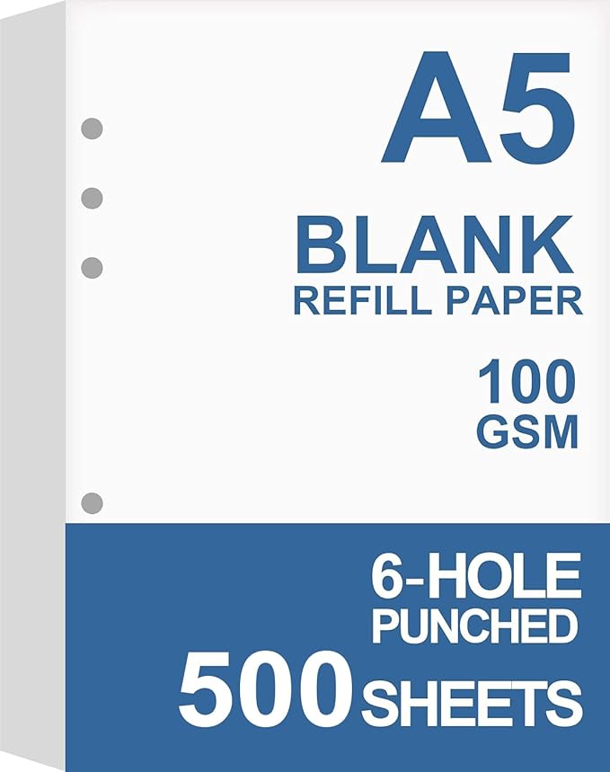 (5-Pack) A5 Blank Paper, Refills for Filofax Planner, Organizer, Binders, 6 Hole Punched, Total 500 Sheets/1000 Pages, 100gsm, White, 5.8 x 8.2 Inch, 6 Hole Filler Paper-DeskoryOffice