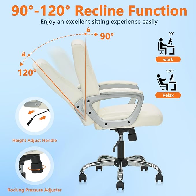 CLATINA Office Computer Desk Chair Executive Mid Back Chair Comfortable Ergonomic Managerial Chair Adjustable PU Leather Home Office Desk Chair Swivel, White 2PK-DeskoryOffice
