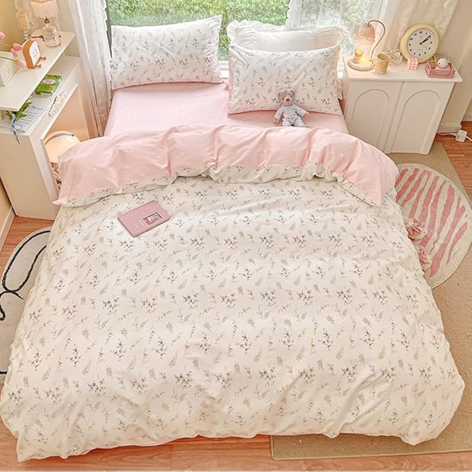 Nayoroom Floral Duvet Cover King Size Girls Pink White Botanical Flower - Image 4