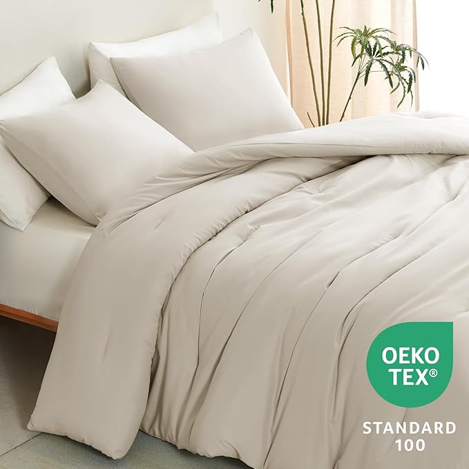 CozyLux Queen Comforter Set Oatmeal, 3 Pieces Solid Comforters Queen Size - Image 4