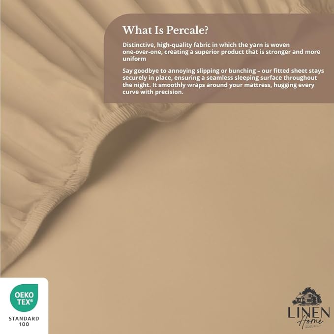 Linen Home 100% Cotton Percale Weave Fitted Sheet, Twin Size, Light Taupe - Image 4