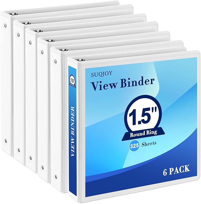 1.5 Inch 3 Ring Binder, 1-1/2“ Binder with 2 Interior Pockets, Durable White View Binders, Clear View Cover, Holds up to 325 Sheets US Letter Size, Perfect for Office/Home/School.（6 Pack）-DeskoryOffice