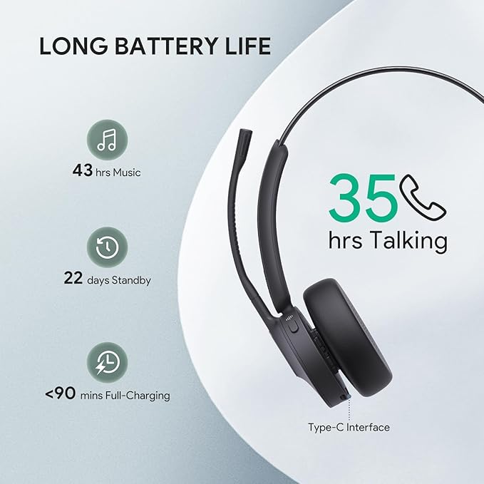 Yealink BH70 Mono Wireless Bluetooth Headset with Microphone for Work, up to 35h Talking Battery Life, 3-Mic Noise Cancellation, 91g Lightweight Microsoft Teams Certified Work Headsets for PC-DeskoryOffice