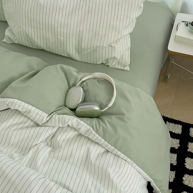 Nayoroom Green Striped Duvet Cover Queen Size 100% Washed Cotton Duvet Cover - Image 4