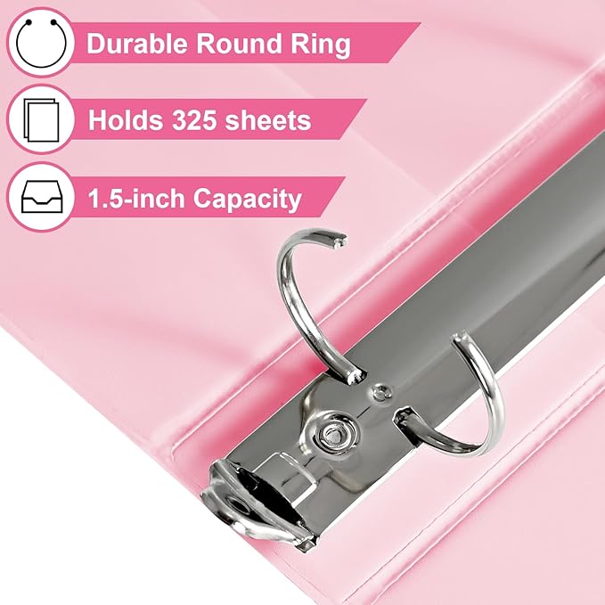 1.5-inch 3 Ring Binder with 2 Pockets, Premium 1.5'' Binders Holds US Letter Size 8.5'' x 11'' Paper - Versatile Binders for Office, Home, and School Use, 6 Pack (1.5-inch Pink)-DeskoryOffice