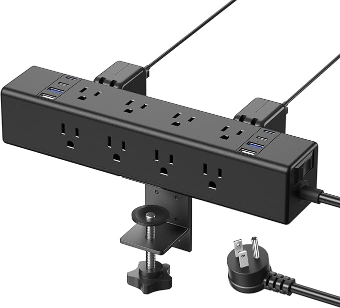CCCEI Desk Outlet Station 20W USB C Port. 12 Outlet Desktop Clamp Power Strip Surge Protector 4800J with Switch. Nightstand Office Standing Desk Accessories Fit Thicker Table Edge or Screw Mount, 10FT-DeskoryOffice