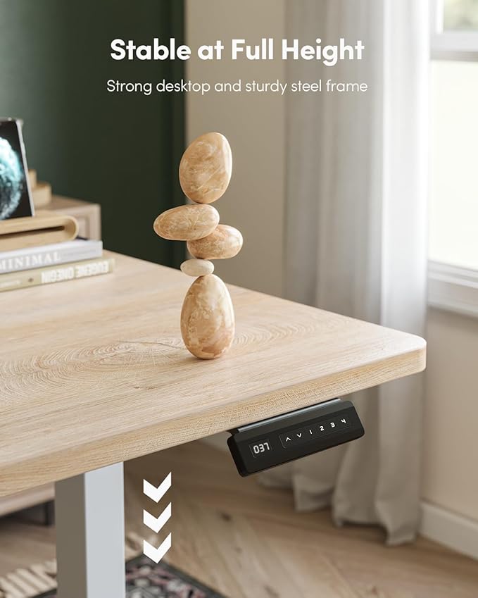 FEZIBO One-Piece Standing Desk Adjustable Height Stand up Home Office Desk, 48x24 Inch Electric Standing Computer Desk, with 4 Memory Presets, Fixable casters, Maple-DeskoryOffice