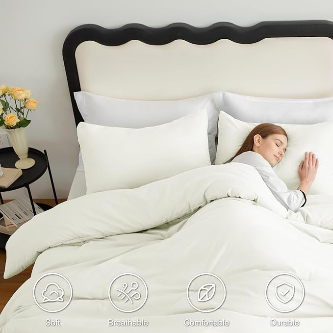 CozyLux Queen Comforter Set Ivory, 3 Pieces Solid Comforters Queen Size - Image 5