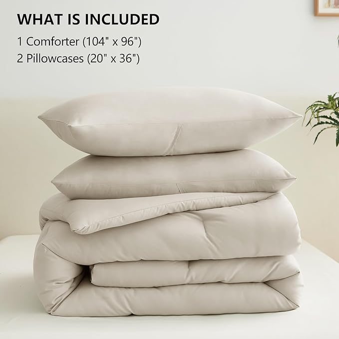 CozyLux California King Comforter Set Beige, 3 Pieces Cal King Solid Breathable - Image 7