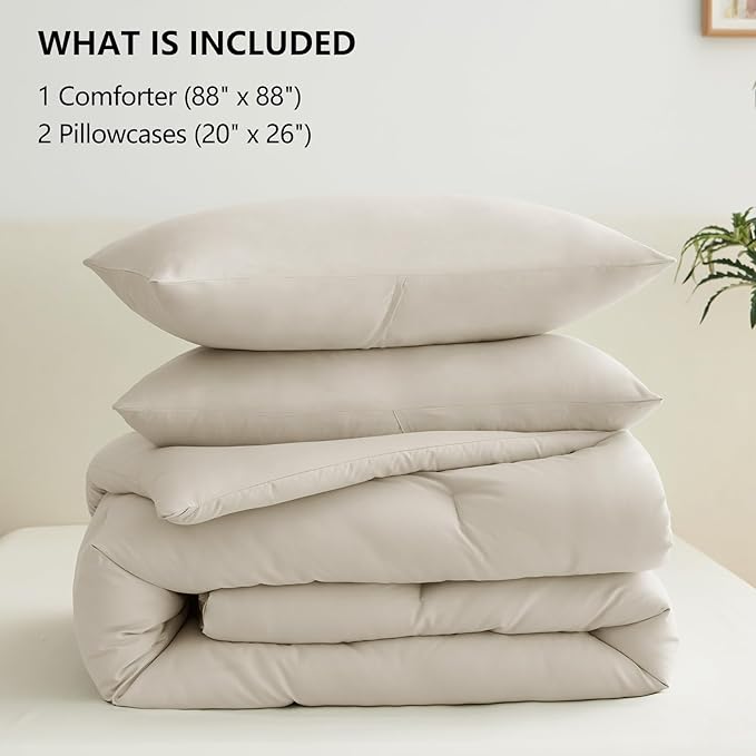 CozyLux Queen Comforter Set Oatmeal, 3 Pieces Solid Comforters Queen Size - Image 6