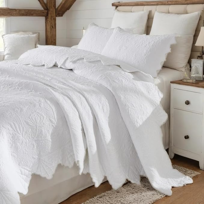 Brandream White Quilt Set King Size Quilt Bedding Set Cotton Luxury Matelasse - Image 2