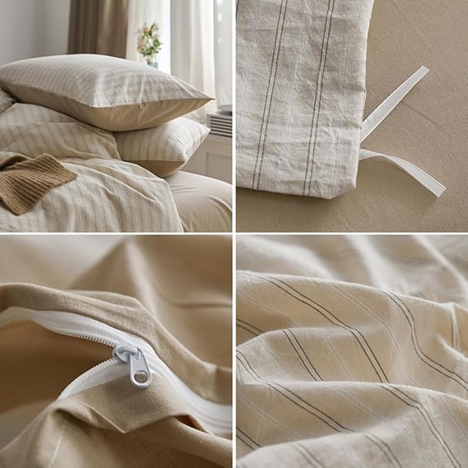 Nayoroom Beige Striped Duvet Cover Queen Size 100% Washed Cotton Duvet Cover - Image 6