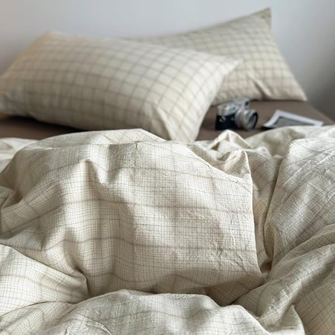 PinkMemory Beige Gingham Duvet Cover Bedding Queen 100% Washed Cotton Vintage - Image 4