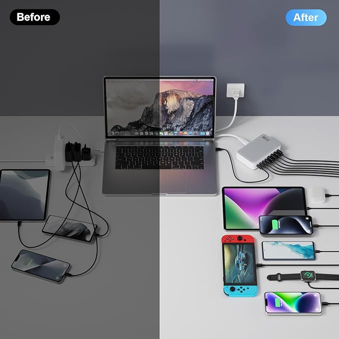 USB C Charger 200W USB C Charger Block,Upgraded GaN III 8-Port Fast Charging Station Hub,PD 65W Laptop Charging Adapter Compatible with MacBook Pro/Air,DELL,Steam Deck,iPhone 16/15/14,Galaxy S23/22-DeskoryOffice