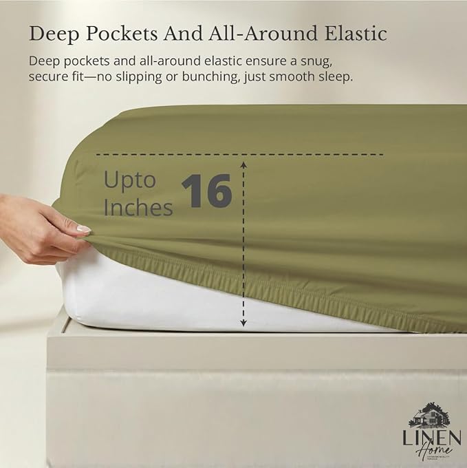 Linen Home 100% Cotton Percale Weave Fitted Sheet, Twin Size, Oil Green - Image 2
