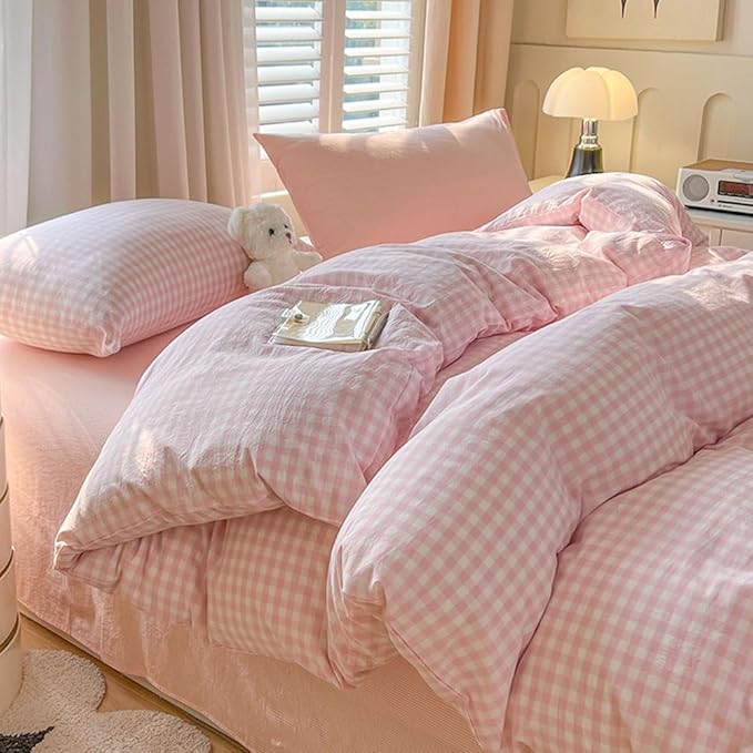 Nayoroom Gingham Duvet Cover King Size Pink White Plaid Checkered Comforter by Nayoroom