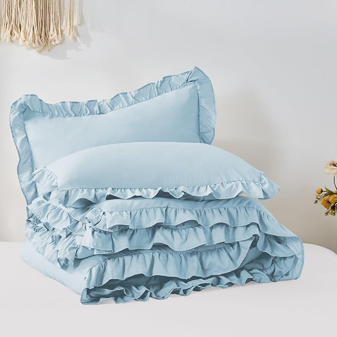FUANNA King Size Comforter Set Light Blue, 3 Pieces Ruffle King Bedding Set - Image 9