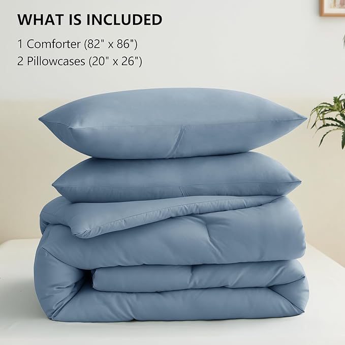 CozyLux Grayish Blue Full Size Comforter Set, 3 Pieces Dusty Blue Solid - Image 7