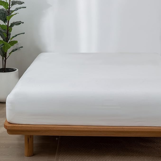 MooMee Fitted Bottom Sheet Only 100% Washed Cotton Linen Like Textured Breathable Durable Soft Comfy Deep Pocket Fits Mattress up to 17" (Off White, Twin)