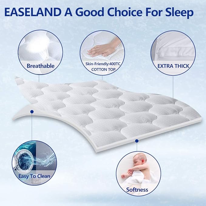 EASELAND Twin XL Mattress Topper Pillow Top Mattress Cover Quilted Fitted - Image 2