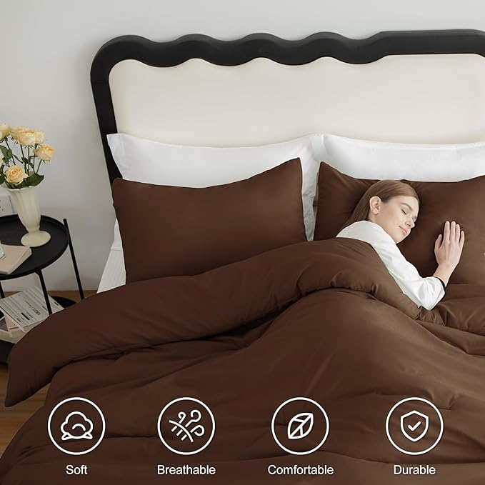 CozyLux Oversized Queen Comforter Set Brown, 3 Pieces 98x98 Solid Breathable - Image 5