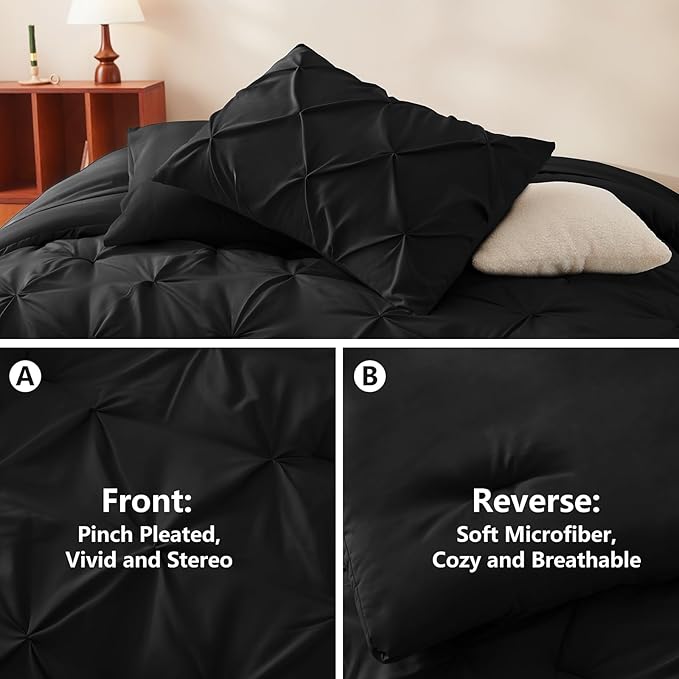 CozyLux King Size Comforter Set Black, 7 Pieces Pintuck Bed in A Bag Black - Image 3