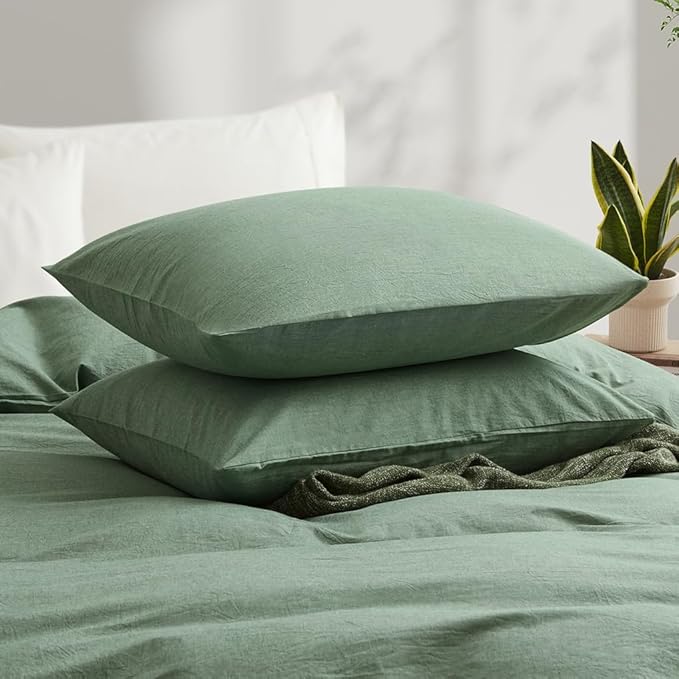 LOVQUE 100% Washed Cotton Duvet Cover Queen Size, Mint Green Fade-Resistant - Image 3