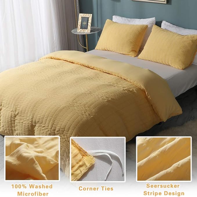 AveLom Yellow Duvet Cover King, 3 Pieces, Seersucker Textured Ultra Soft Washed - Image 2