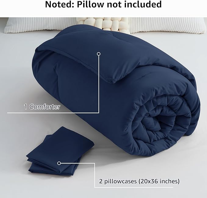 CozyLux Navy Blue King Size Comforter Set, 3 Pieces Solid Breathable Quilted - Image 7