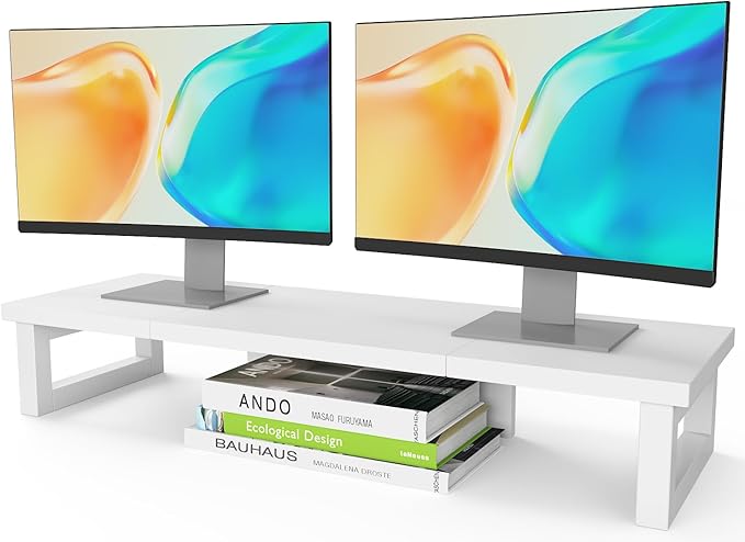 WESTREE Dual Monitor Stand Riser, Wood and Steel Monitor Stand Riser, Computer Monitor Stand for 2 Monitors, Multi-Purpose Desktop Storage Stand for Computer,Laptop,Printer,TV-DeskoryOffice