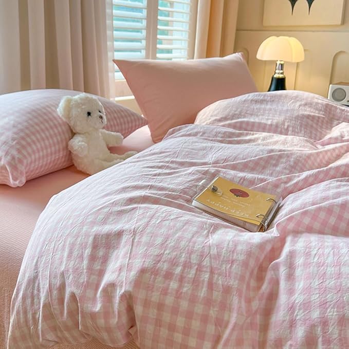 Nayoroom Gingham Duvet Cover Full Size Pink White Plaid Checkered Comforter - Image 5