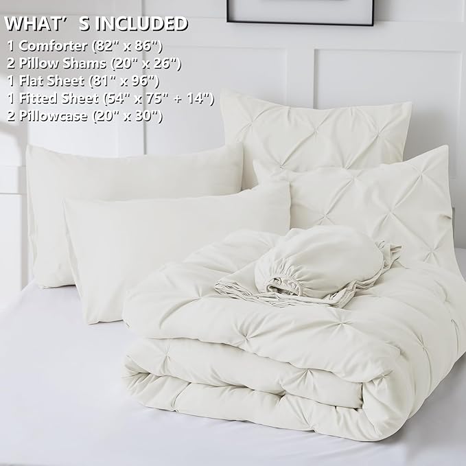 HIMEET Pintuck Bed in a Bag, 7 Pieces Full Size Comforter Set Ivory, Luxury - Image 6
