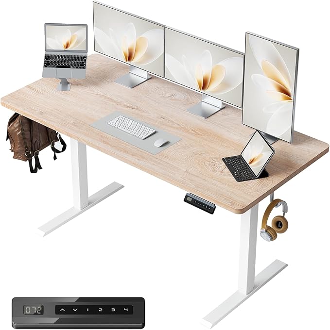 FEZIBO One-Piece Standing Desk Adjustable Height Stand up Home Office Desk, 55x24 Inch Electric Standing Computer Desk, with 4 Memory Presets, Fixable casters, Maple-DeskoryOffice
