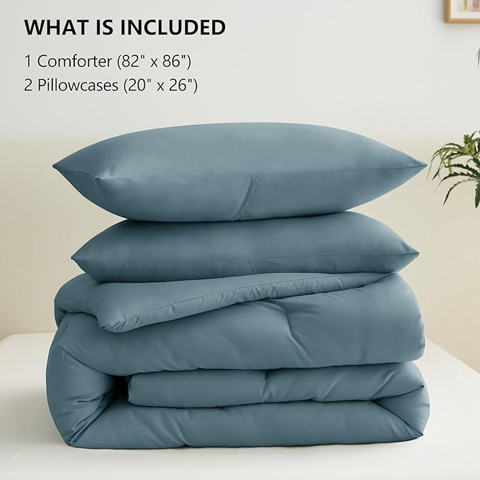 CozyLux Full Size Comforter Set Mineral Blue, 3 Pieces Solid Breathable Quilted - Image 6