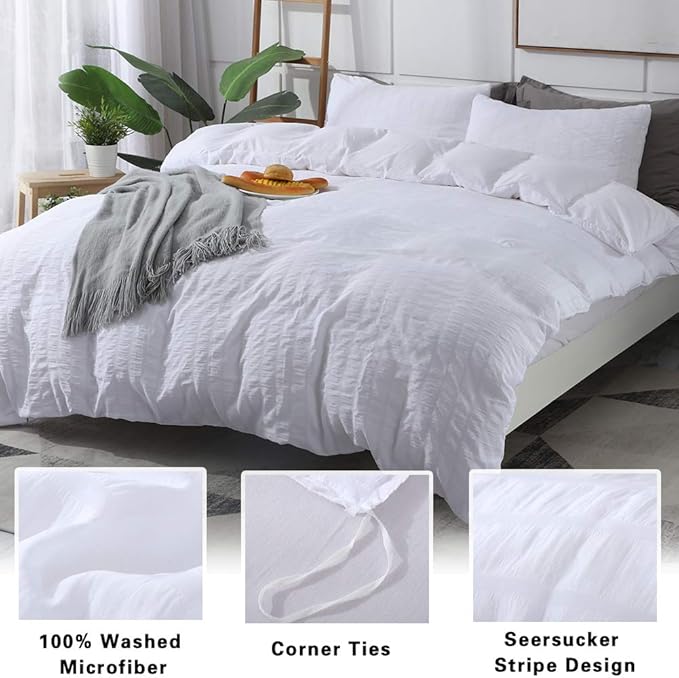 AveLom White Duvet Cover King, 3 Pieces, Seersucker Textured Ultra Soft Washed - Image 2