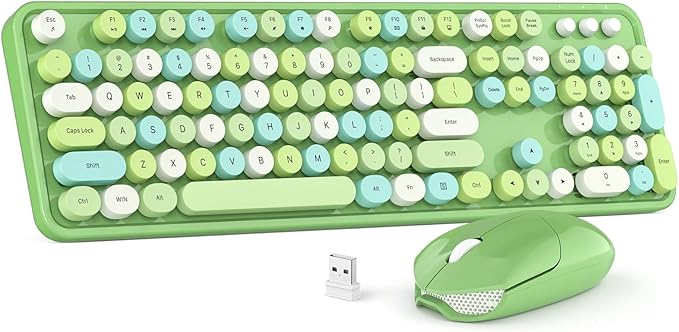 Wireless Keyboard and Mouse Combo, MOWUX Colorful Computer Full Size 2.4G Plug and Play Wireless Typewriter Keyboard and Mouse Set for Windows, Computer, Desktop, PC, Notebook (Green Colorful)-DeskoryOffice