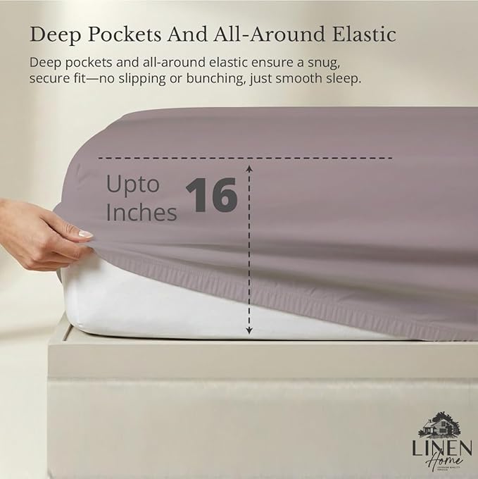 Linen Home 100% Cotton Percale Weave Fitted Sheet, Queen Size, Prelude Purple - Image 2