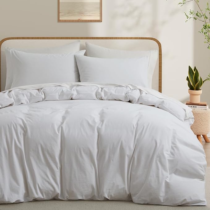 LOVQUE 100% Washed Cotton Duvet Cover King Size, Linen-Like Textured White by LOVQUE