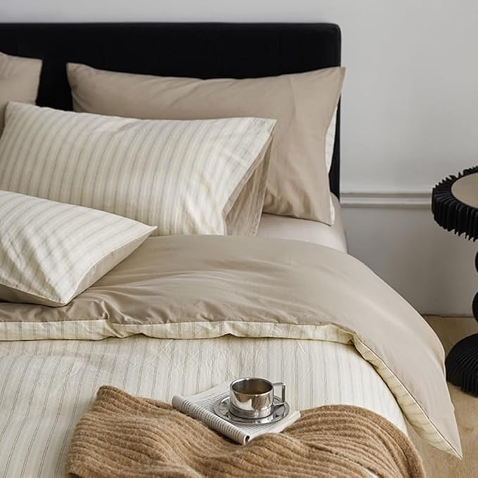 Nayoroom Beige Striped Duvet Cover Queen Size 100% Washed Cotton Duvet Cover - Image 3